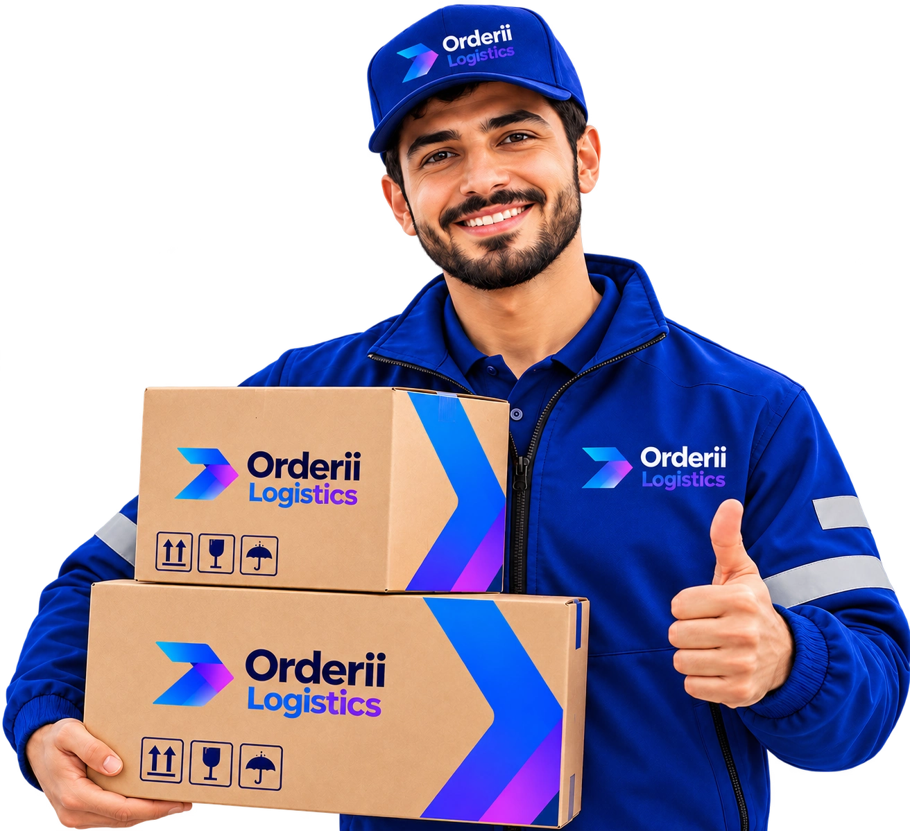 Orderii Logistics courier holding branded parcels