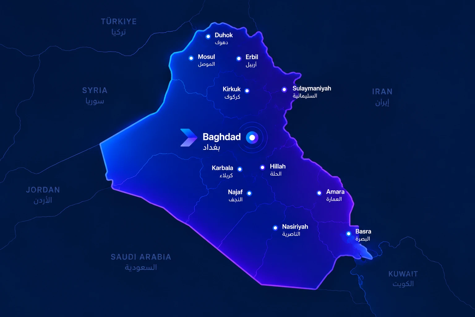 Map of Iraq showing the 12 cities Orderii Logistics serves, with the hub in Baghdad